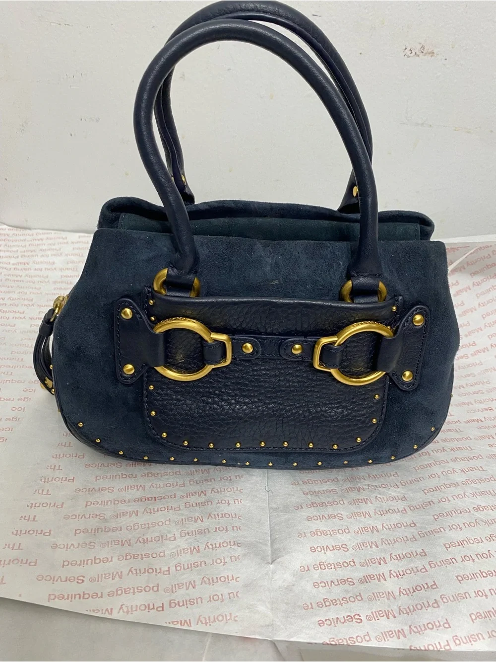 Cole Haan Suede and Leather Exterior Satchel Handbag with Gold Hardware. New